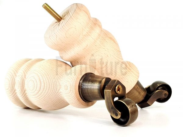 4 Turned Wooden Furniture Leg & Antique Castor Wheel Bun Feet Raw M8 200mm High - Image 11