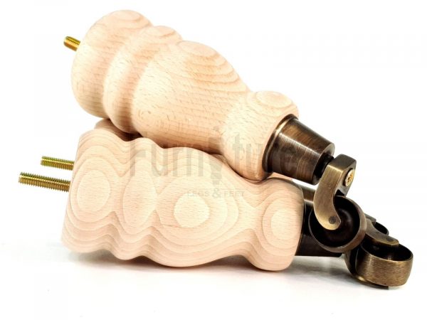 4 Turned Wooden Furniture Leg & Antique Castor Wheel Bun Feet Raw M8 200mm High - Image 6