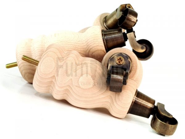 4 Turned Wooden Furniture Leg & Antique Castor Wheel Bun Feet Raw M8 200mm High - Image 8