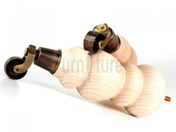 4 Turned Wooden Furniture Leg & Antique Castor Wheel Bun Feet Raw M8 250mm High - Image 11