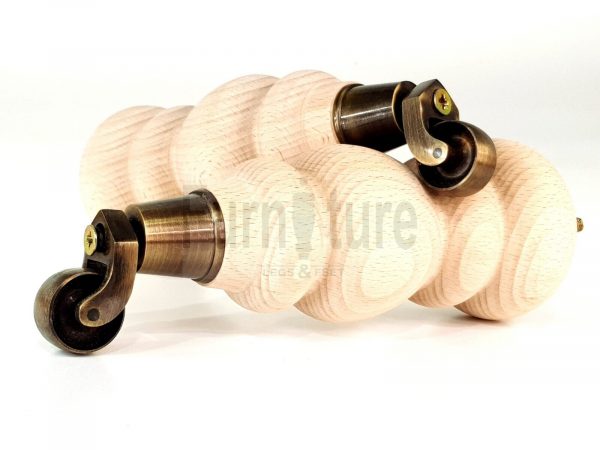 4 Turned Wooden Furniture Leg & Antique Castor Wheel Bun Feet Raw M8 250mm High - Image 12