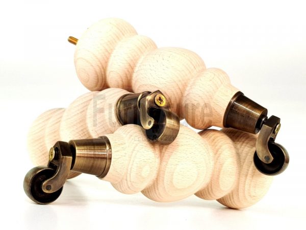 4 Turned Wooden Furniture Leg & Antique Castor Wheel Bun Feet Raw M8 250mm High - Image 13