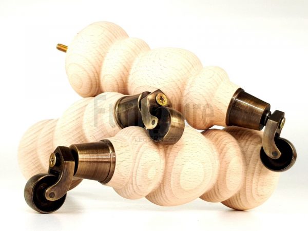 4 Turned Wooden Furniture Leg & Antique Castor Wheel Bun Feet Raw M8 250mm High - Image 14