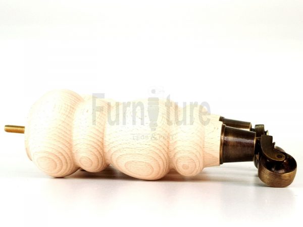 4 Turned Wooden Furniture Leg & Antique Castor Wheel Bun Feet Raw M8 250mm High - Image 3