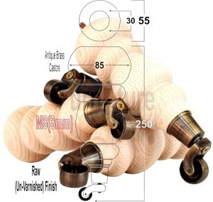 4 Turned Wooden Furniture Leg & Antique Castor Wheel Bun Feet Raw M8 250mm High