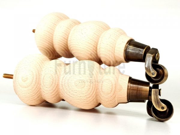 4 Turned Wooden Furniture Leg & Antique Castor Wheel Bun Feet Raw M8 250mm High - Image 5