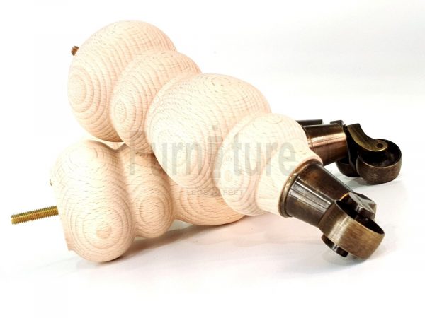 4 Turned Wooden Furniture Leg & Antique Castor Wheel Bun Feet Raw M8 250mm High - Image 6