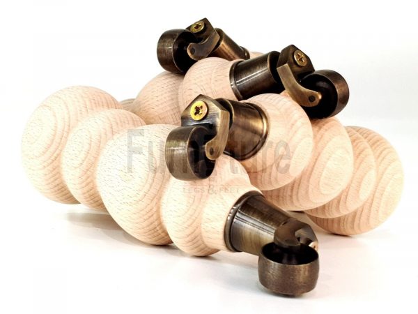 4 Turned Wooden Furniture Leg & Antique Castor Wheel Bun Feet Raw M8 250mm High - Image 7