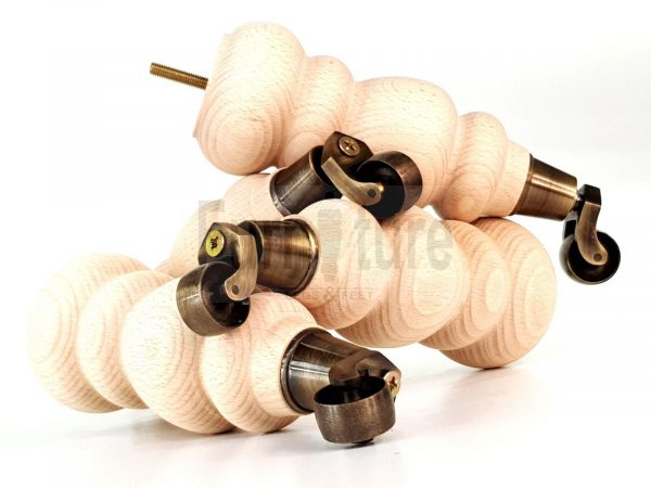 4 Turned Wooden Furniture Leg & Antique Castor Wheel Bun Feet Raw M8 250mm High - Image 8
