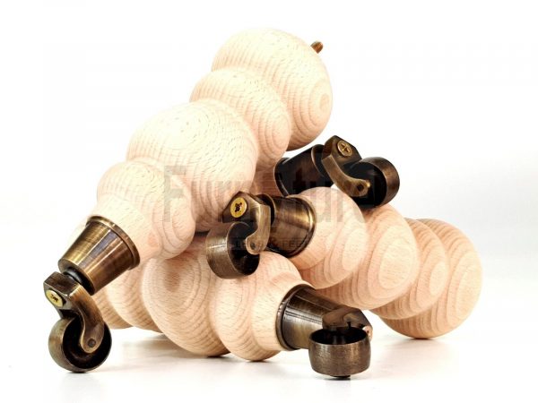 4 Turned Wooden Furniture Leg & Antique Castor Wheel Bun Feet Raw M8 250mm High - Image 9