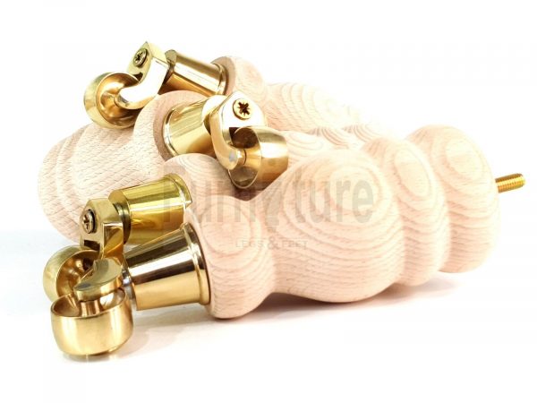 4 Turned Wooden Furniture Leg & Brass Castor Wheel Bun Feet Raw M8 200mm High - Image 11