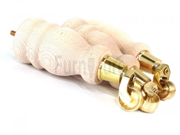 4 Turned Wooden Furniture Leg & Brass Castor Wheel Bun Feet Raw M8 200mm High - Image 6