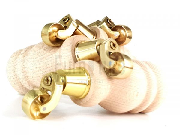 4 Turned Wooden Furniture Leg & Brass Castor Wheel Bun Feet Raw M8 200mm High - Image 10
