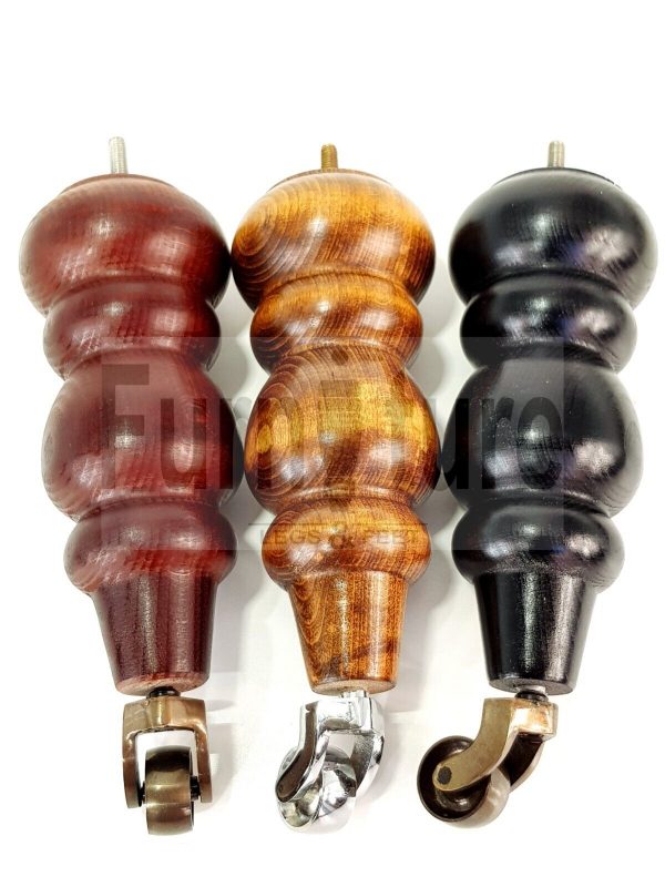 4x Turned Wood Furniture Sofa Legs M8 Replacement Feet With Castors 250mm High - Image 3