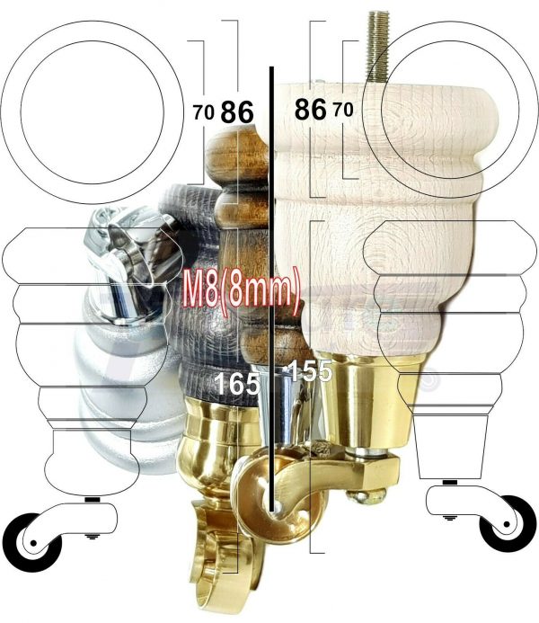 4x WOOD FURNITURE LEGS M8 REPLACEMENT BRASS CAULDRON CASTOR FEET 165mm HIGH - Image 12