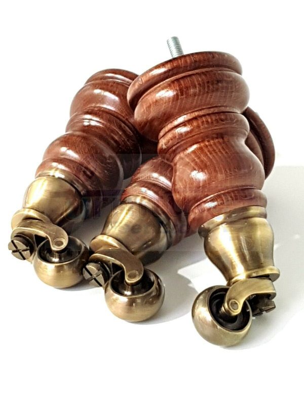 4x WOOD MAHOGANY BRASS CASTOR FURNITURE CHAIR LEGS M8(8mm) SOFA FEET 155mm HIGH - Image 6