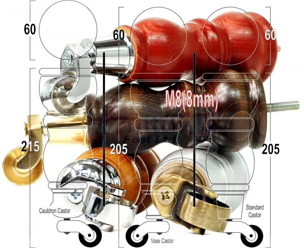 4x WOOD MAHOGANY BRASS CASTOR FURNITURE CHAIR LEGS M8(8mm) SOFA FEET 205mm HIGH - Image 13