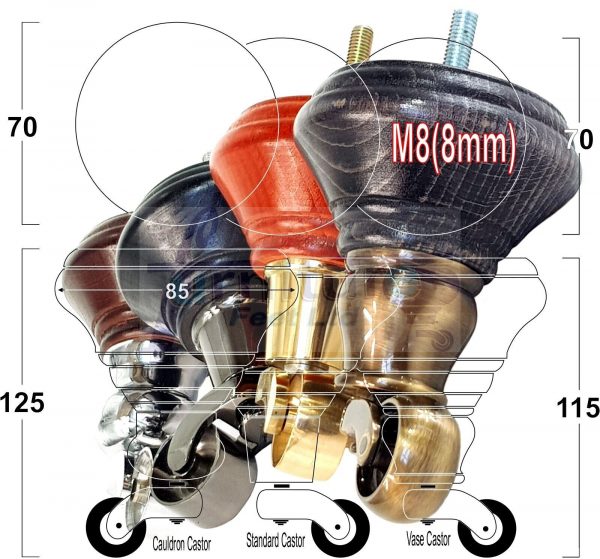 4x Wooden Furniture Sofa Legs M8 Castor Replacment Chair Settee Feet 125mm High - Image 11