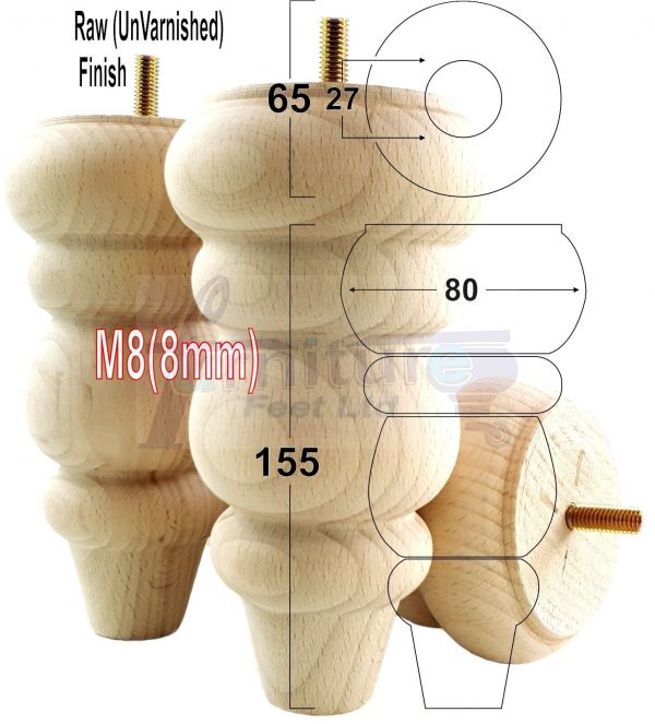 4 Replacement Turned Wooden Furniture Sofa Legs M8 Chair Settee Feet 155mm High - Image 24