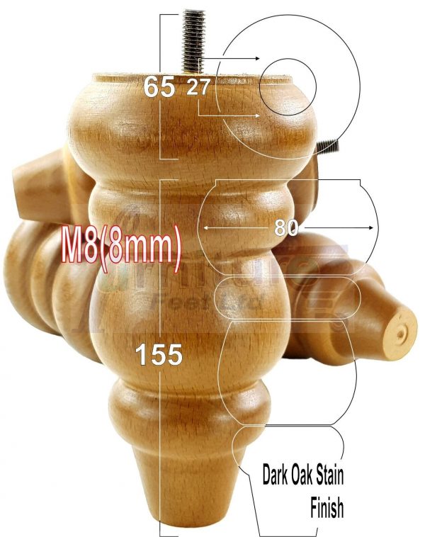 4 Replacement Turned Wooden Furniture Sofa Legs M8 Chair Settee Feet 155mm High - Image 22