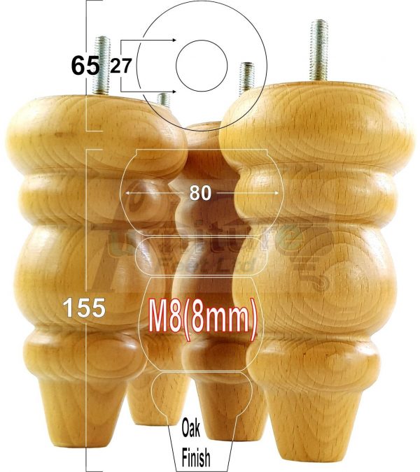 4 Replacement Turned Wooden Furniture Sofa Legs M8 Chair Settee Feet 155mm High - Image 20