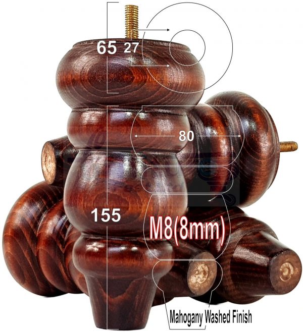 4 Replacement Turned Wooden Furniture Sofa Legs M8 Chair Settee Feet 155mm High - Image 30