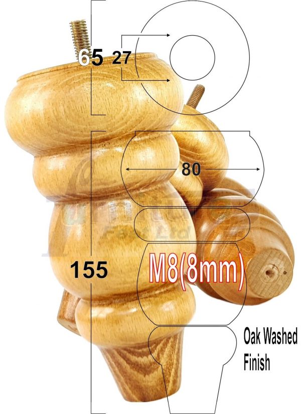 4 Replacement Turned Wooden Furniture Sofa Legs M8 Chair Settee Feet 155mm High - Image 21