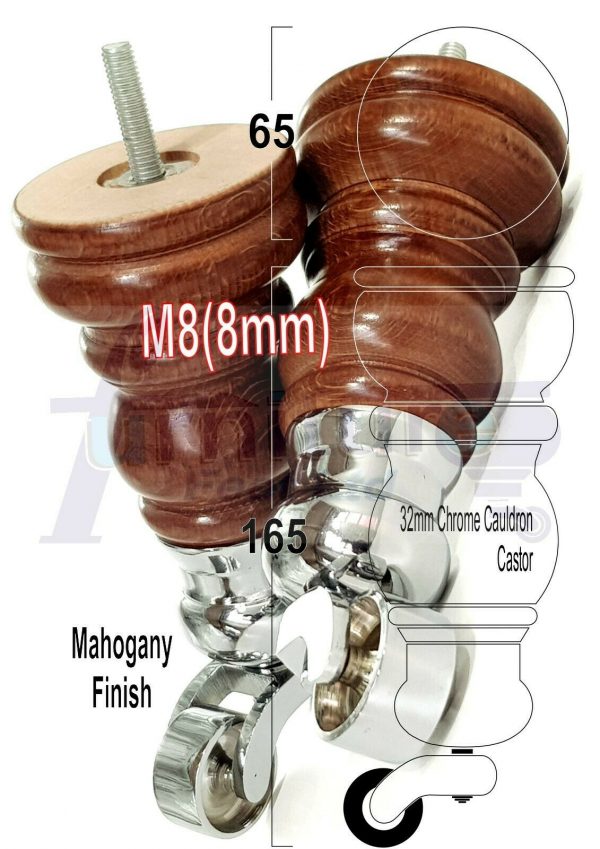 4 WOODEN FURNITURE LEGS M8 REPLACEMENT FEET WITH MULTIPLE CASTORS 165mm HIGH - Image 18