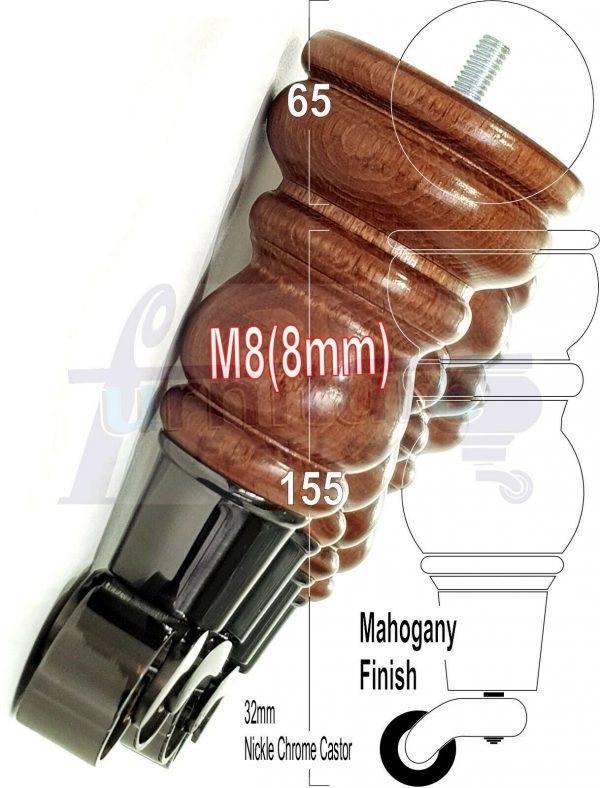 4 WOODEN FURNITURE LEGS M8 REPLACEMENT FEET WITH MULTIPLE CASTORS 165mm HIGH - Image 16