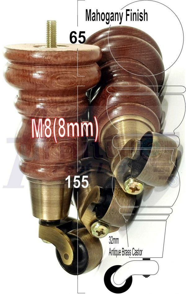 4 WOODEN FURNITURE LEGS M8 REPLACEMENT FEET WITH MULTIPLE CASTORS 165mm HIGH - Image 15