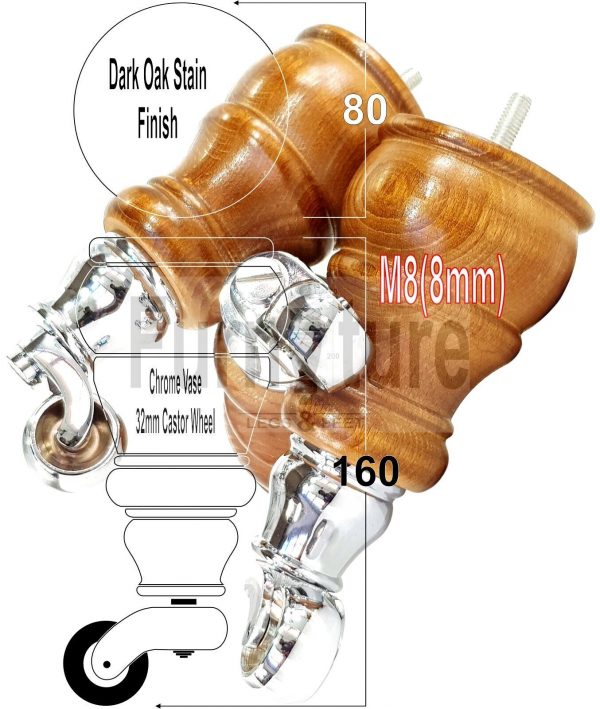 4 Wooden Furniture Sofa Legs M8 Castor Replacment Chair Settee Feet 160mm High - Image 19