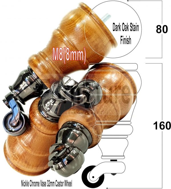 4 Wooden Furniture Sofa Legs M8 Castor Replacment Chair Settee Feet 160mm High - Image 21