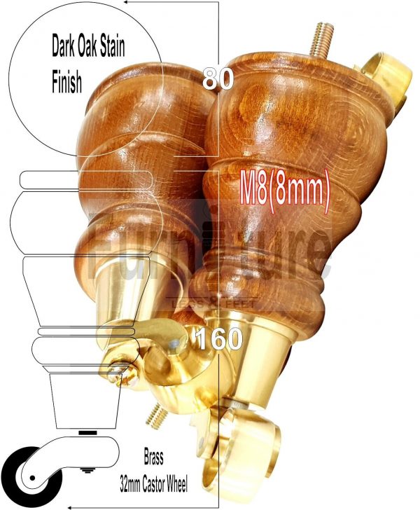 4 Wooden Furniture Sofa Legs M8 Castor Replacment Chair Settee Feet 160mm High - Image 14