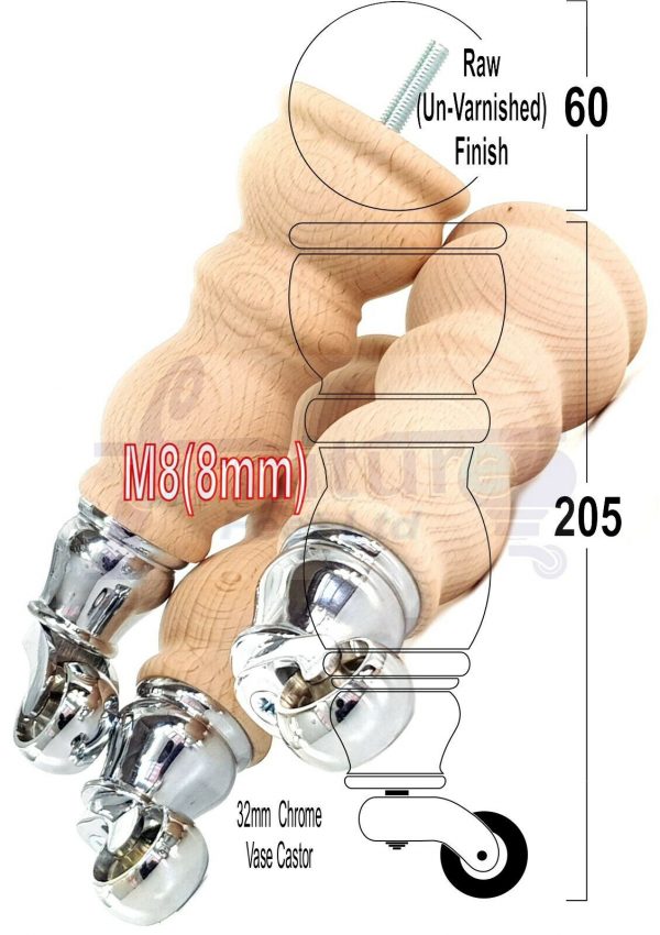 4x RAW WOODEN FURNITURE SOFA LEGS M8 REPLACEMENT FEET WITH CASTORS 215mm HIGH - Image 22
