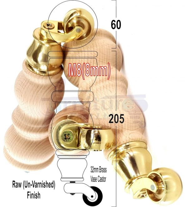 4x RAW WOODEN FURNITURE SOFA LEGS M8 REPLACEMENT FEET WITH CASTORS 215mm HIGH - Image 20
