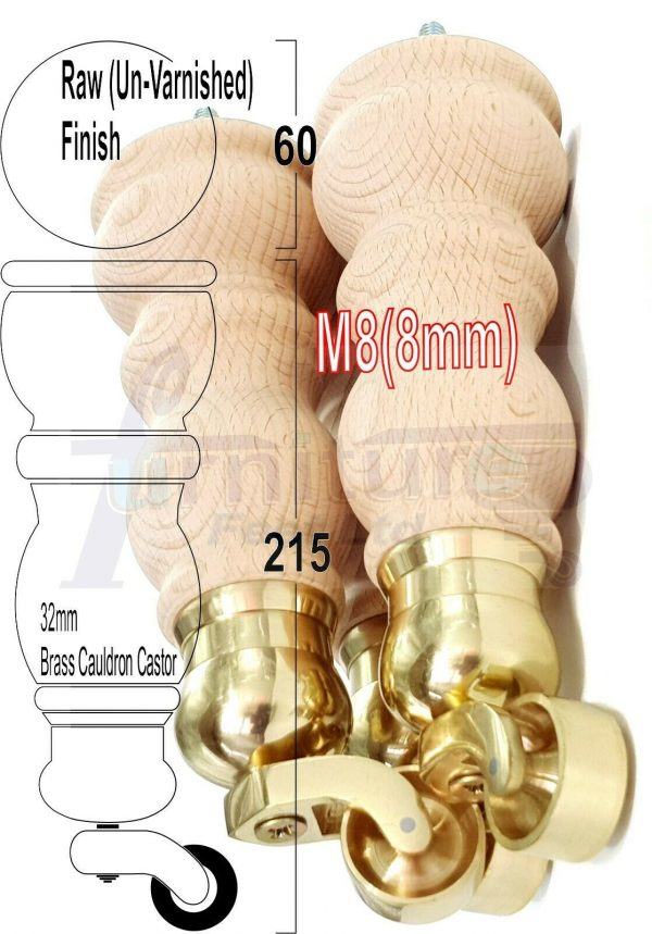 4x RAW WOODEN FURNITURE SOFA LEGS M8 REPLACEMENT FEET WITH CASTORS 215mm HIGH - Image 18