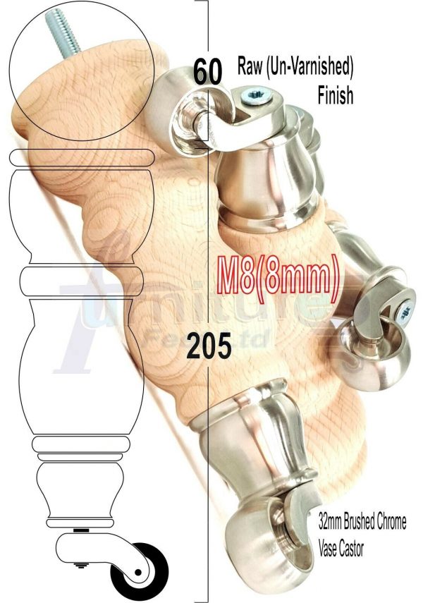 4x RAW WOODEN FURNITURE SOFA LEGS M8 REPLACEMENT FEET WITH CASTORS 215mm HIGH - Image 21