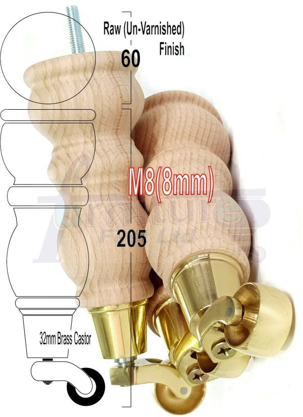 4x RAW WOODEN FURNITURE SOFA LEGS M8 REPLACEMENT FEET WITH CASTORS 215mm HIGH - Image 14
