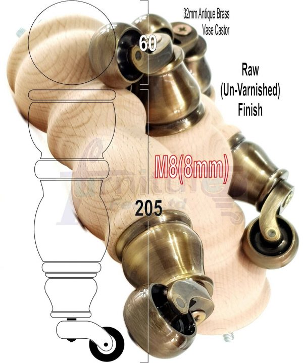 4x RAW WOODEN FURNITURE SOFA LEGS M8 REPLACEMENT FEET WITH CASTORS 215mm HIGH - Image 23