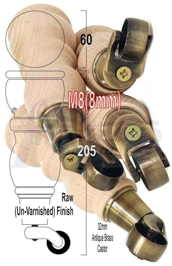 4x RAW WOODEN FURNITURE SOFA LEGS M8 REPLACEMENT FEET WITH CASTORS 215mm HIGH - Image 16