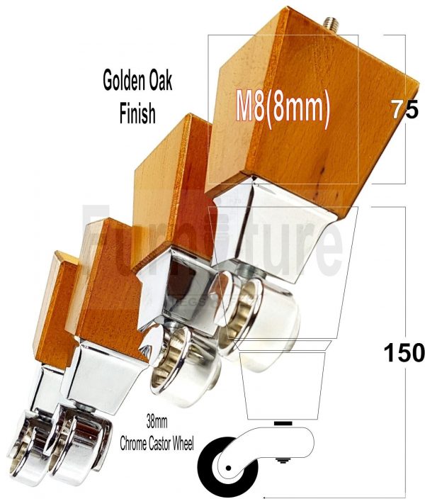 4x Turned Wood Furniture Castor Leg M8 Replacement Feet Chairs Stools Sofa 150mm - Image 12