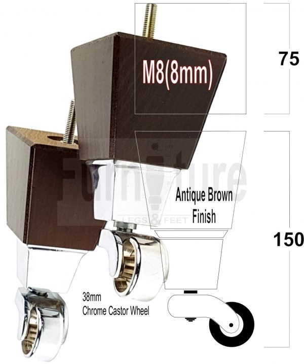 4x Turned Wood Furniture Castor Leg M8 Replacement Feet Chairs Stools Sofa 150mm - Image 5