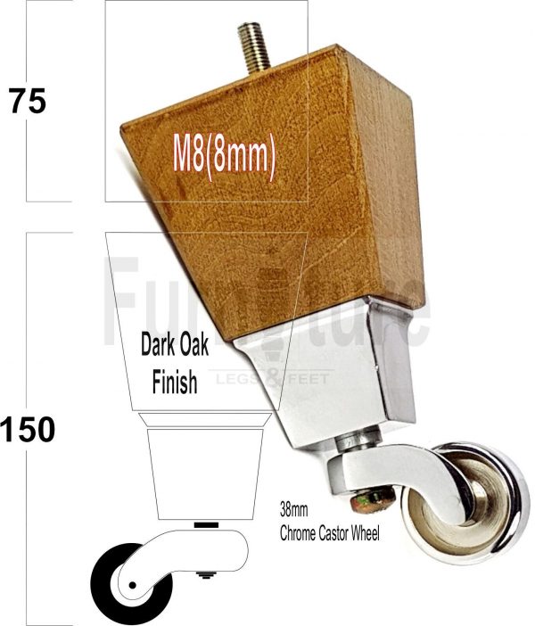 4x Turned Wood Furniture Castor Leg M8 Replacement Feet Chairs Stools Sofa 150mm - Image 9