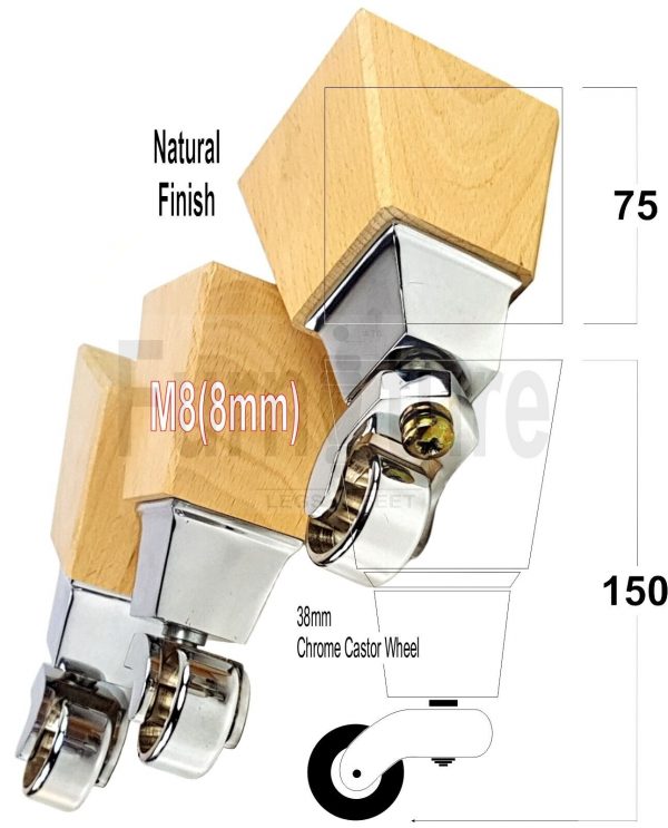 4x Turned Wood Furniture Castor Leg M8 Replacement Feet Chairs Stools Sofa 150mm - Image 15