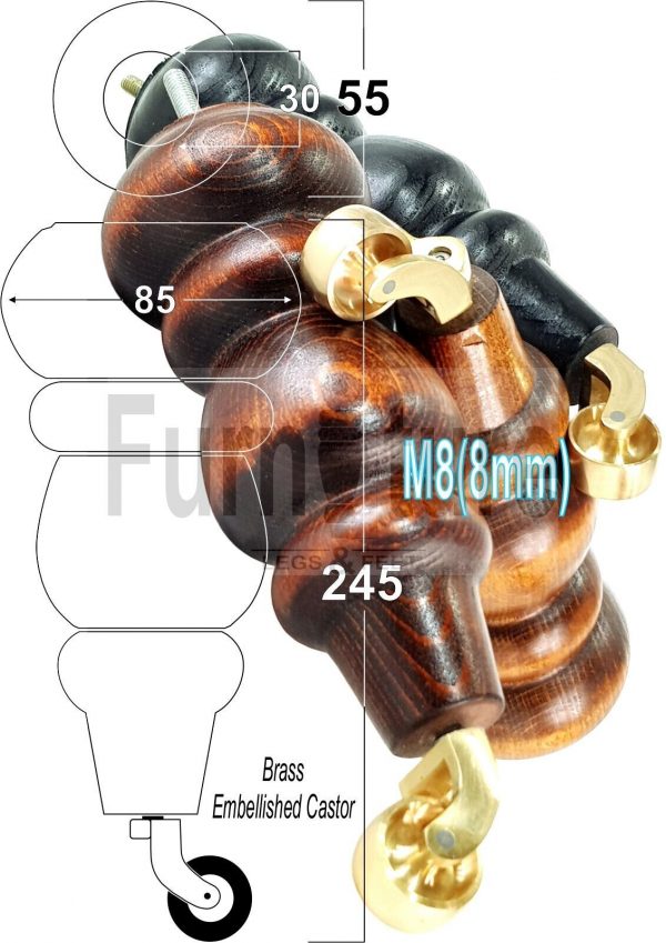 4x Turned Wood Furniture Sofa Legs M8 Replacement Feet With Castors 250mm High - Image 13