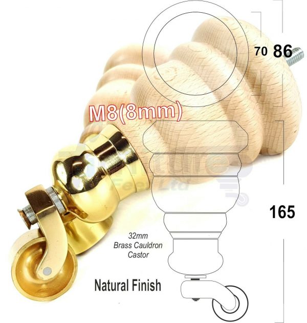 4x WOOD FURNITURE LEGS M8 REPLACEMENT BRASS CAULDRON CASTOR FEET 165mm HIGH - Image 29