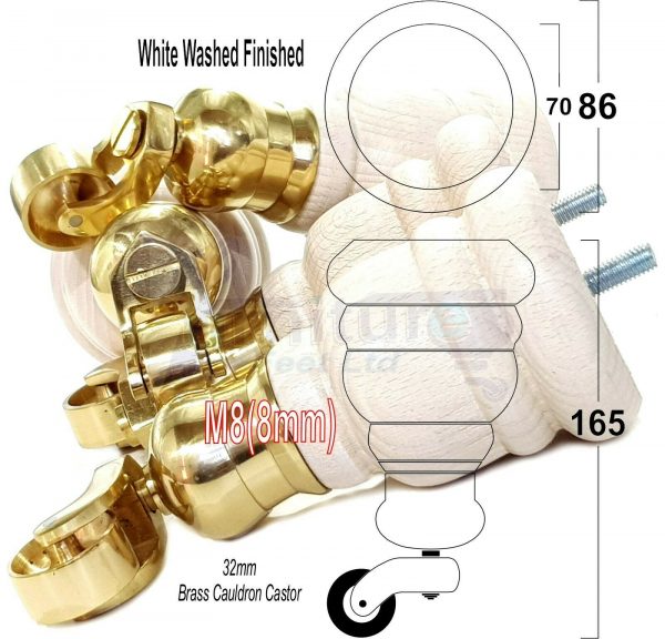 4x WOOD FURNITURE LEGS M8 REPLACEMENT BRASS CAULDRON CASTOR FEET 165mm HIGH - Image 37