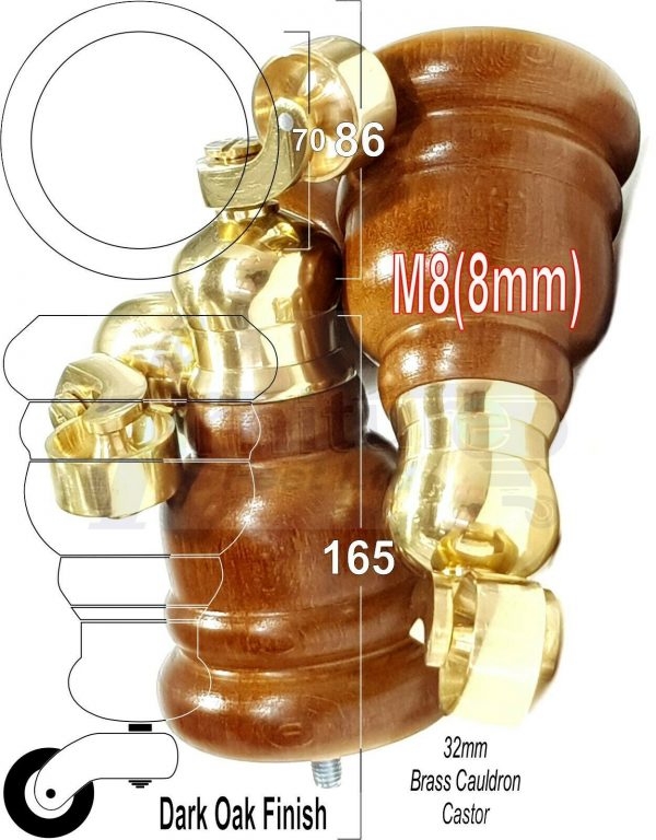 4x WOOD FURNITURE LEGS M8 REPLACEMENT BRASS CAULDRON CASTOR FEET 165mm HIGH - Image 19