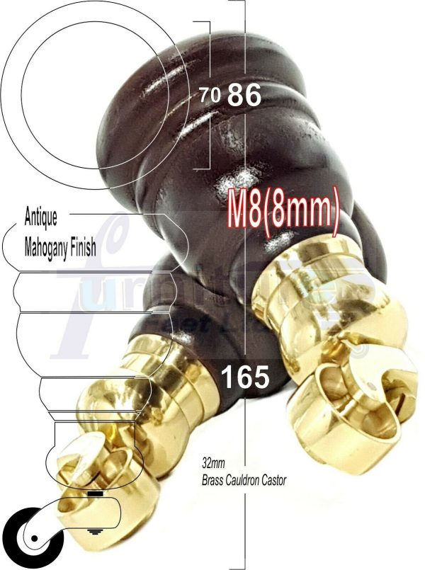 4x WOOD FURNITURE LEGS M8 REPLACEMENT BRASS CAULDRON CASTOR FEET 165mm HIGH - Image 38