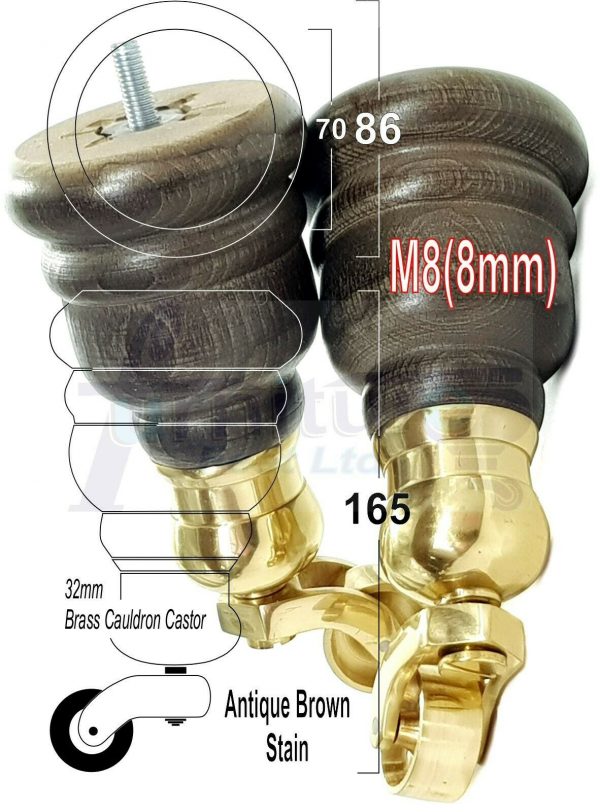 4x WOOD FURNITURE LEGS M8 REPLACEMENT BRASS CAULDRON CASTOR FEET 165mm HIGH - Image 15